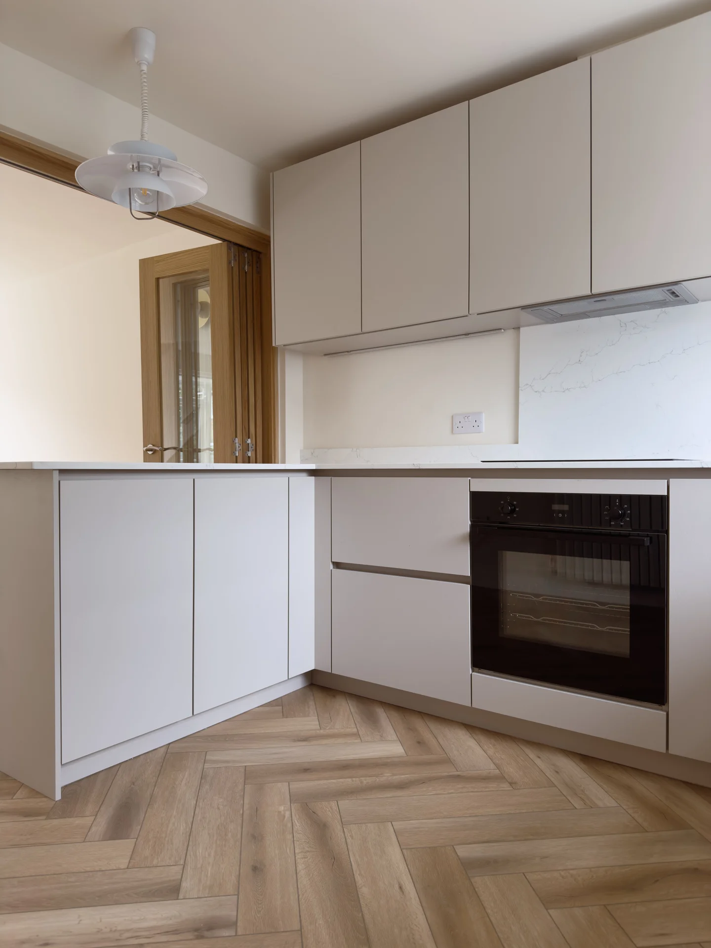 Kitchen corner with pendant light, after